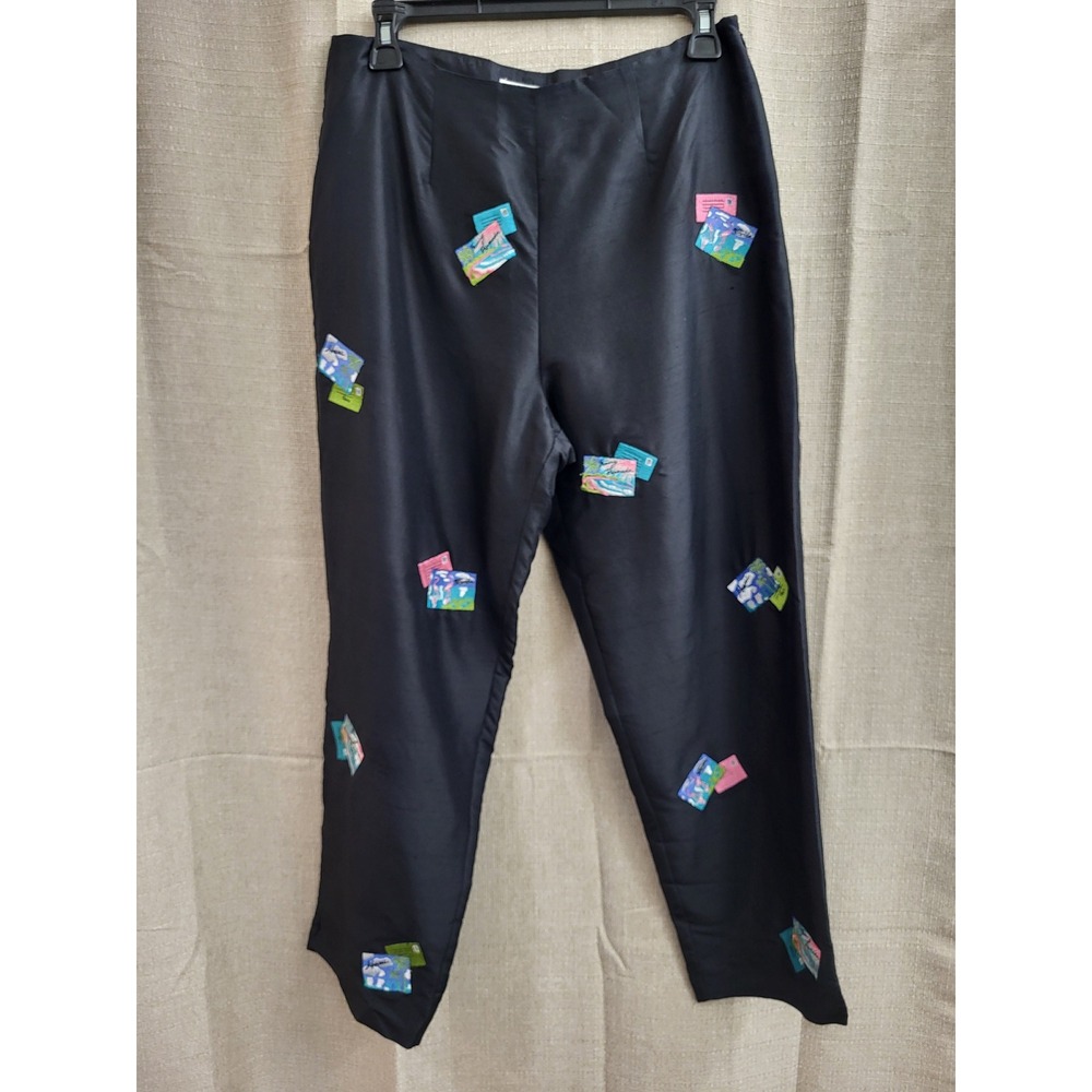 Allison Taylor Womens 6 Black Silk Novelty Postcard Embroider Trouser Pants VTG